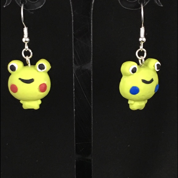 Handmade Polymer Clay Frog Dangle Drop Earrings - Picture 1 of 8